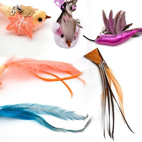 miwoowim 35" Steel Wire Cat Wand Toy & 6PCS Realistic Feather Bird Refills