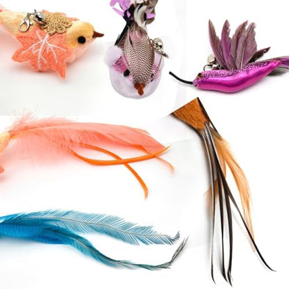 miwoowim 35" Steel Wire Cat Wand Toy & 6PCS Realistic Feather Bird Refills