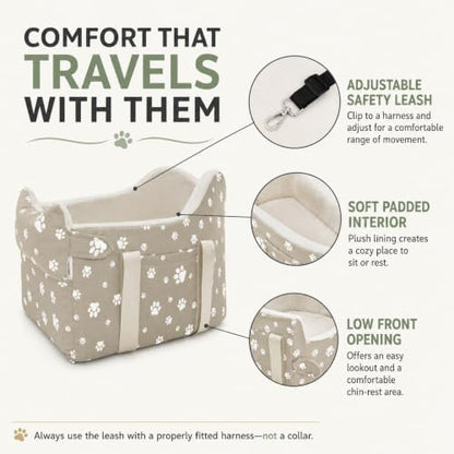 Dog Car Seat for Small Dogs (Under 15 lbs) – Center Console Pet Carrier with Safety Belt, Storage Pockets & Removable Washable Cover (Khaki Car Seat)