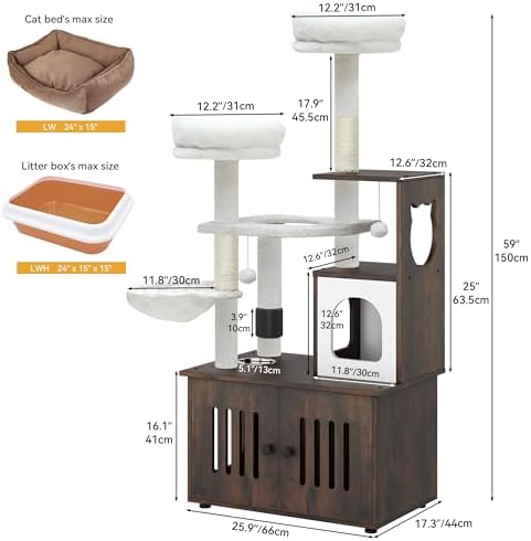 YITAHOME Cat Tree with Litter Box Enclosure, 2-in-1 Cat Furniture, Modern Cat Condo with Cat House, Perch, Food Station, Hammocks, Scratch Post, Hair Brush, 59 Inch, Rustic Brown