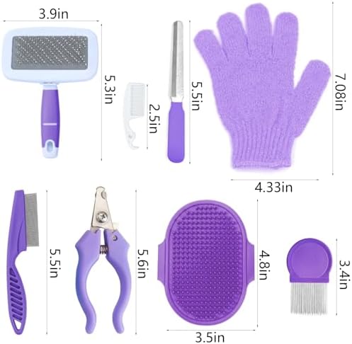 VCZONE 8 Pcs Small Animal Grooming Kit, Rabbit Grooming Kit with Pet Nail Clipper and File, Flea Comb, Pet Shampoo Bath Brush, Pet Shedding Slicker Brush, Bath Massage Glove, Cleaning Comb (Purple)