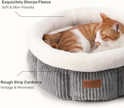 FUKUMARU Corduroy Round Cat Dog Bed, Anti-Anxiety & Washable