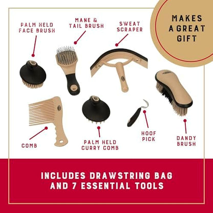 Weaver Equine Horse Grooming Kit, 7-Piece Horse Brush Set with Organizer Tote Bag, Hoof Pick, Comb, Sweat Scraper, Equine Tools for Daily Grooming, Leopard