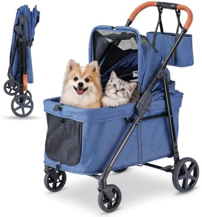 Foldable Pet Stroller Small Dogs Cats Up to 70 lb All-Terrain, Blue