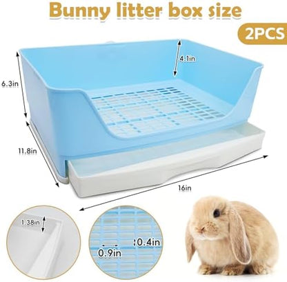 kathson 2PCS Large Rabbit Litter Box Trainer, Potty Corner Toilet with Drawer Bigger Pet Pan for Adult Hamster, Guinea Pig, Ferret, Galesaur, Bunny and Other Animals (Blue,Brown)