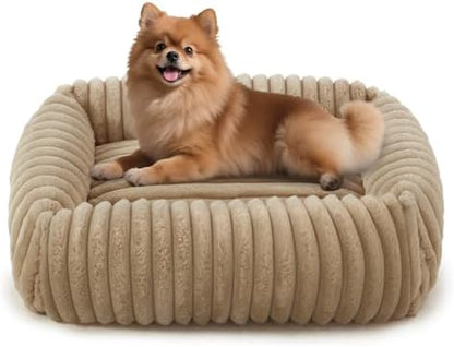 FURTIME Dog Bed for Small Medium Dog, Washable Orthopedic Pet Bed with Removable Cover, Rectangle Soft Calming Sleeping Puppy Bed Durable Pet Cuddler with Anti-Slip Bottom, Beige, M (25"x21"x7")