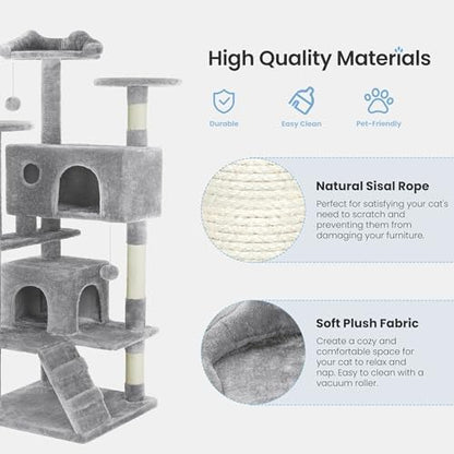 54 Inches Cat Tree Tower for Indoor Cats, Cat Tree Tower Condo with Scratching Post for Cats House Play, Multi-Level Furniture Activity Center for Pet, Sisal Rope, Light Gray