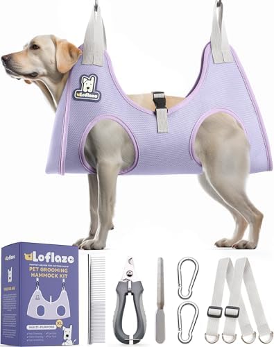 Loflaze Dog Grooming Hammock Harness for Dogs & Cats with Pet Nail Clipper Trimmer - Cat Hanger Sling for Trimming Clipping Nails- Dog Hammock Restraint Bag for Small Medium Large pet （ Purple XL）