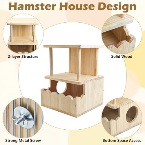 Fhiny Wooden Chinchilla Hideout, 2-Layer Guinea Pig House Nature Wood Small Animal Hut Chinchilla Cage Accessories for Hamster Squirrel Sugar Gliders