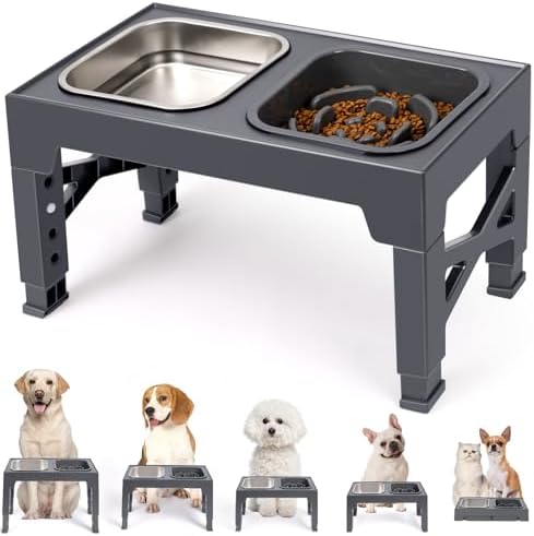 Niubya Elevated Dog Bowls, with Slow Feeder Bowl and Stainless Steel Dog Food Bowl, Raised Dog Bowls Adjusts to 5 Heights (3.15", 8.66", 9.84",11.02", 12.2") for Small Medium and Large Dogs
