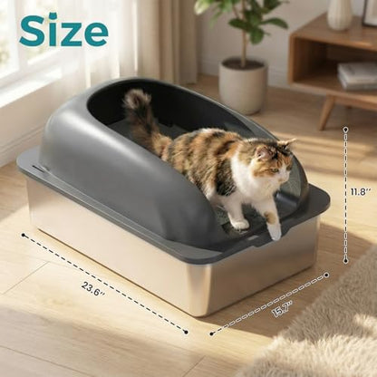 OLIXIS Stainless Steel Large Cat Litter Box with Lid, High Wall Sides