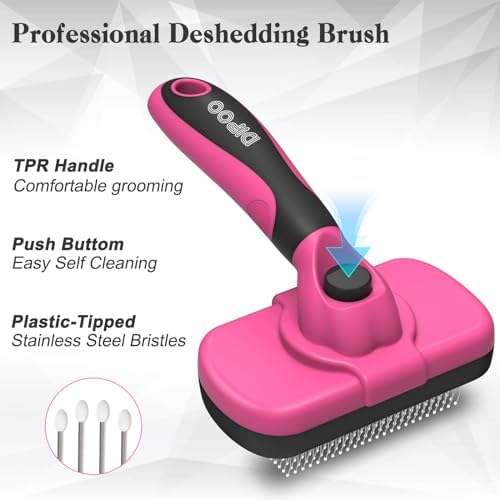 Dipoo Self-Cleaning Pet Grooming Brush - Skin-Friendly Deshedding Tool for Dogs & Cats in Pink, Removes Loose Hair and Tangles
