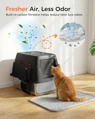 GTPLAYER XXL Stainless Steel Cat Litter Box with Lid, High Sided Enclosed Cat Litter Box, Activated Carbon Odor Control, Extra Large Metal Litter Box, Anti-Leak, with Mat & Scoop, Carbon Black
