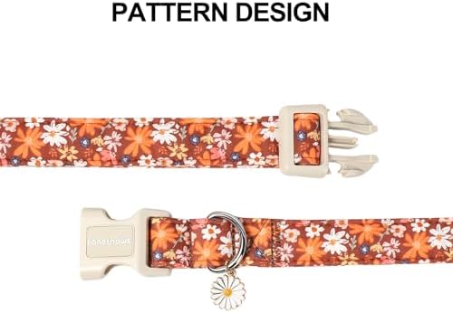 Lionet Paws Vintage Floral Dog Collar- Cute Fall Groundsel Oxalis Golden-Rod Dog Collars with Plastic Buckle,Light Adjustable Brown Dog Collars for Small Dogs