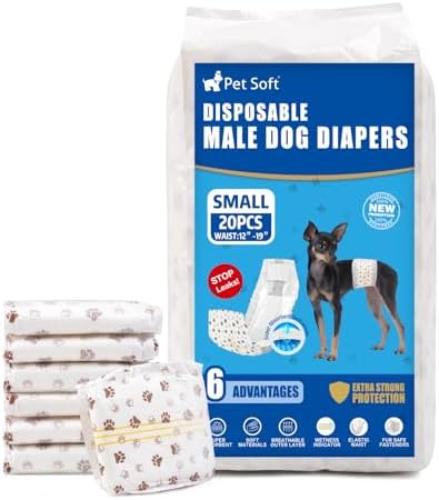 Pet Soft Dog Diapers Male - Disposable Male Dog Wraps Wetness Indicator, Ultra Absorbent Doggie Diapers Comfortable for Incontinence Excitable Urination, 20pcs Small