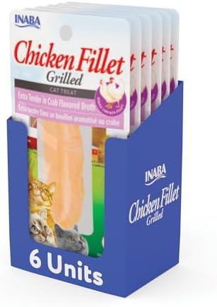 INABA Grilled Fillet Cat Treats, Extra Tender Chicken in Crab Broth, 6ct