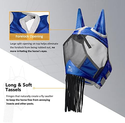 Harrison Howard CareMaster Horse Fly Mask with Ears and Nose Fringe Fly Protector Defender Mask Signature Blue Full Size