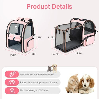 Large Cat Backpack Carrier Expandable Foldable Pet Carrier Backpack for Small Dogs Puppy Medium Cats Fit Up to 18 Lbs for Travel, Hiking,Pink