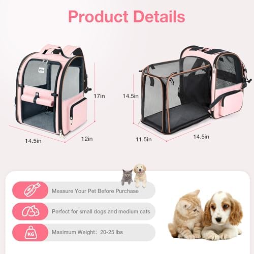 Large Cat Backpack Carrier Expandable Foldable Pet Carrier Backpack for Small Dogs Puppy Medium Cats Fit Up to 18 Lbs for Travel, Hiking,Pink