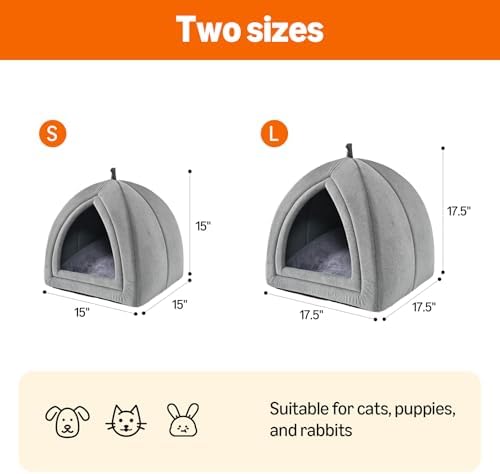 Amazon Basics Cat Cave Bed, 2-in-1 Foldable House for Indoor Cats, with Washable Cushion and Non-Slip Base, 17.5 x 17.5 Inches, Large, LightGray