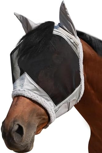 Harrison Howard Horse Fly Mask UV Protective Fine Mesh with Extra Wool Soft Touch on Skin Fly and UV Protection Moonlight Silver-Black L