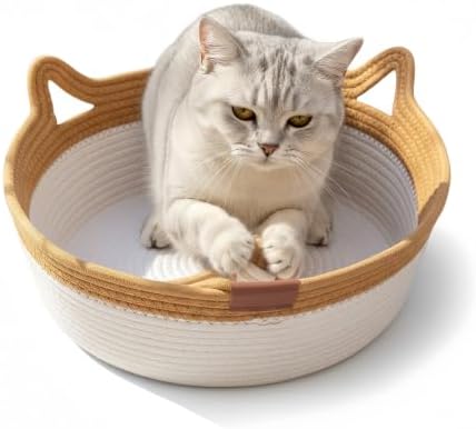 Instinct Basket for Cats - Handwoven Cotton Rope Enrichment Bed with Attached Toy Tail, Scratchable Interactive Pet Nest Features Flexible Walls to Fight Boredom & Protect Furniture (Brown, M)