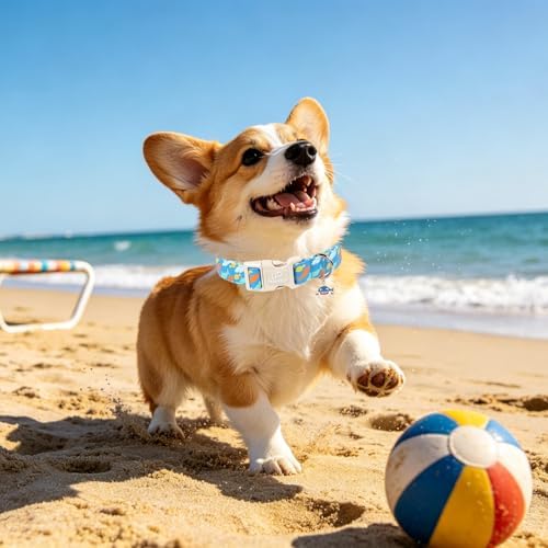 Shark Dog Collar, Summer Cotton Blue Adjustable Pet Collar for Male Dogs, Cute Ocean Pattern Soft Comfortable Durable Buckle with Charm for Boy Dogs