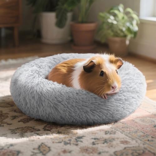 Guinea Pig Bed Soft Washable Donut-Shaped Burrowing Pet Bed for Dwarf Rabbits, Hedgehogs, Chinchillas, Ferrets, Rats Small Animal Mat for Snuggling and Playtime - Light Grey
