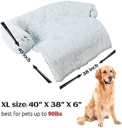 HACHIKITTY Calming Pet Sofa Bed Mat, Washable Fluffy Couch Cover for Dogs and Cats, Anti-Slip Bottom (40"x 38"x 6", Gray)