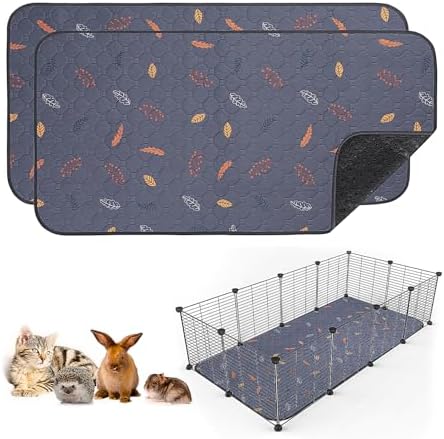 Sunheir 2 Pack Washable Guinea Pig Pee Pads, 24" x 48" Waterproof Reusable Guinea Pig Cage Liners, Absorbent Bedding Training Mat for Small Animal Guinea Pigs Rabbit Bunny Hamster (Leaves - Deep Grey)
