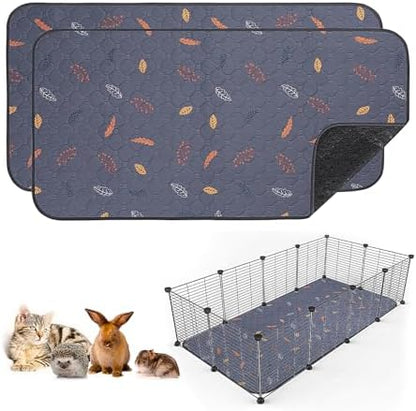 Sunheir 2 Pack Washable Guinea Pig Pee Pads, 24" x 48" Waterproof Reusable Guinea Pig Cage Liners, Absorbent Bedding Training Mat for Small Animal Guinea Pigs Rabbit Bunny Hamster (Leaves - Deep Grey)
