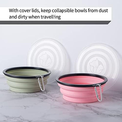 SLSON Dog Bowls Pet Collapsible Bowl with Cover Lids,2 Pack Dog Travel Bowls Portable Foldable Cat Water Dish Bowl for Pets Walking Parking Camping (Fairy Pink and Sprout Green, Large)