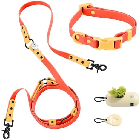 WLK1004A-5SET Luna Small 8FT Adjustable 6-in-1 Waterproof Hands-Free Leash and Collar with LED Flashlight, Bag Dispenser, and Poop Bag Holder, Aperol