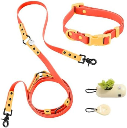 WLK1004A-5SET Luna Small 8FT Adjustable 6-in-1 Waterproof Hands-Free Leash and Collar with LED Flashlight, Bag Dispenser, and Poop Bag Holder, Aperol