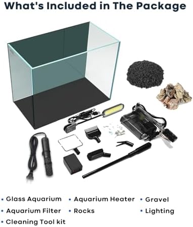 Wonderfactory 5 Gallon Small Aquarium Set Glass Fish Tank 6 Gallon, Starter Kit with Heater Water Pump Cleaning System Filter Bright Light Rocks Gravel Cleaning Tool, Clear Rimless Betta Plants