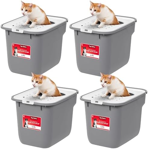 IRIS USA Square Top Entry Cat Litter Box, Kitty Litter Pan with Litter Particle Catching Cover and Privacy Walls, Gray/White (Pack of 4)
