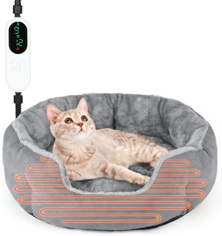 Heated Cat Bed Indoor, 18.5" Soft Heated Pet Bed for Indoor Cats with Timer and Temp Adjustable, Warming Cat Bed Heating Pad for Small to Large Cats Kitten