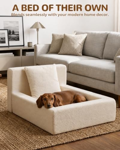Boucle Dog Bed with Pillow, Furniture Style Dog Couch with Backrest, Washable Calming Pet Sofa Lounge for Small Medium Dogs, Beige