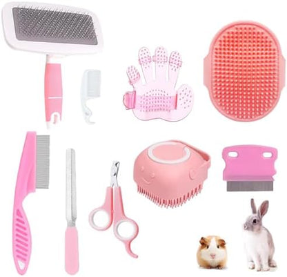 9PCS Small Animal Grooming Kit, Cleaning Brush Removes Loose Hair, Pet Bath Brush,Shampoo Brush, Nail Clipper, Flea Comb For Rabbit, Puppy, Kitten, Guinea Pig (9PCS-Pink)