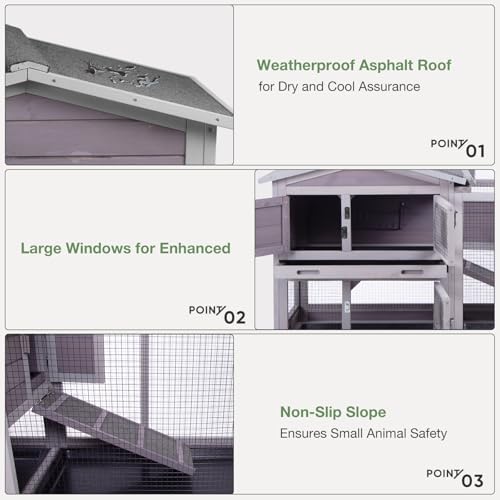 Indoor/Outdoor Rabbit Hutch with Pull-Out Tray, Weatherproof Bunny Cage & Attached Run - Also for Chickens (Grey, L)