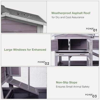 Indoor/Outdoor Rabbit Hutch with Pull-Out Tray, Weatherproof Bunny Cage & Attached Run - Also for Chickens (Grey, L)
