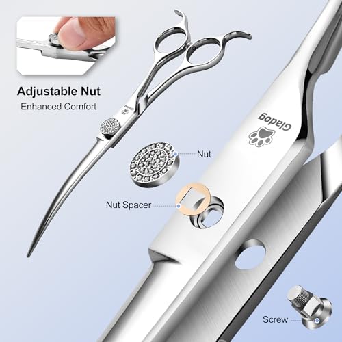 GLADOG Luxury Dog Grooming Scissors Set - 7" Straight, 6.5" Thinning, 7" Chunkers, 7" Curved - 9CR Steel, Silver Luxe, Right Hand, Plastic Handle, 4 Count