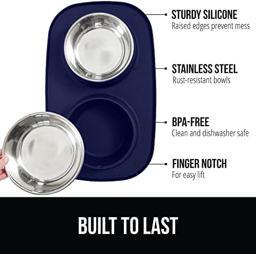GORILLA GRIP Dog Bowl Set with Feeding Mat, 304 Stainless Steel, 3 Cup Navy