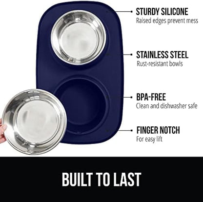 GORILLA GRIP Dog Bowl Set with Feeding Mat, 304 Stainless Steel, 3 Cup Navy
