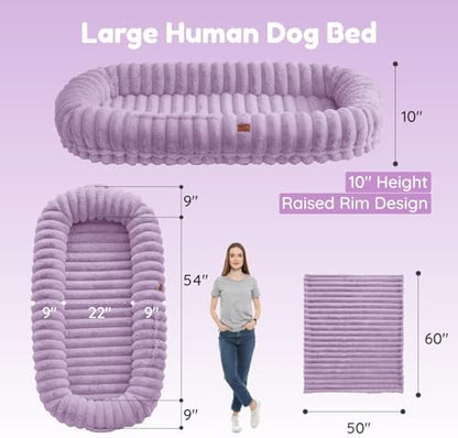 ChiXnuggle Orthopedic Human Dog Bed,Striped Faux Fur Washable Cover,Blanket