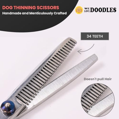 Dog Grooming Scissors Kit with Rounded Blunt Tips, Straight, Curved & Thinning Shears, Tools for Goldendoodles, Poodles & Doodles, Professional Grade Stainless Steel, 4 Pc Set [We Love Doodles]