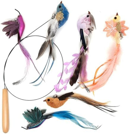 miwoowim 35" Steel Wire Cat Wand Toy & 6PCS Realistic Feather Bird Refills