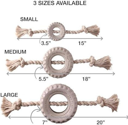 Pet Passion Natural Rubber Tire and Organic Cotton Rope Pull and Chew Dog Toy for All Pet Breeds, Almond Milk, Small