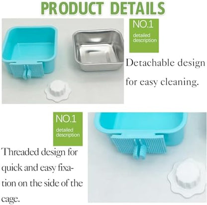 kathson Crate Dog Bowl, Removable Stainless Steel Hanging Pet Kennel Cage Bowl Food & Water Feeder Coop Cup for Puppy, Cat, Rabbit, Guinea Pigs 2pcs Small Square(Blue, Green)