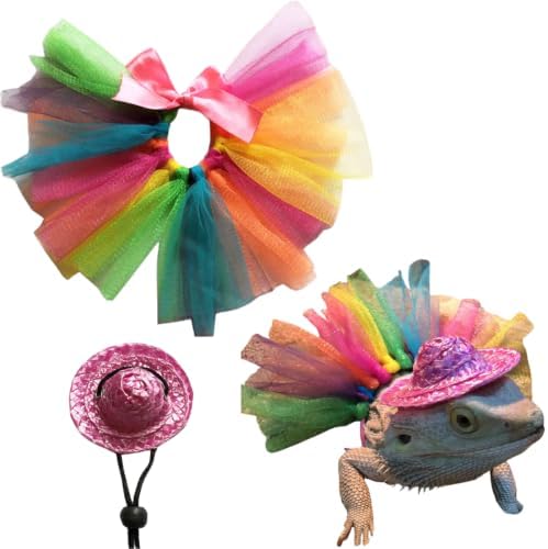 Colorful Lizard Tutu Skirt Hat Set Soft Rainbow Costume for Bearded Dragon